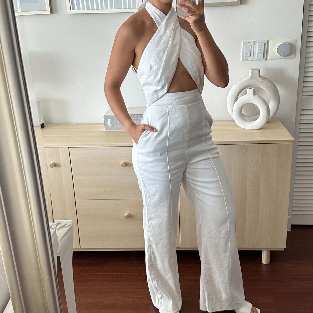 NEW Milly Jumpsuit Womens 4 Wide Leg Cut Out Crossover Cut Out Linen Blend Eda